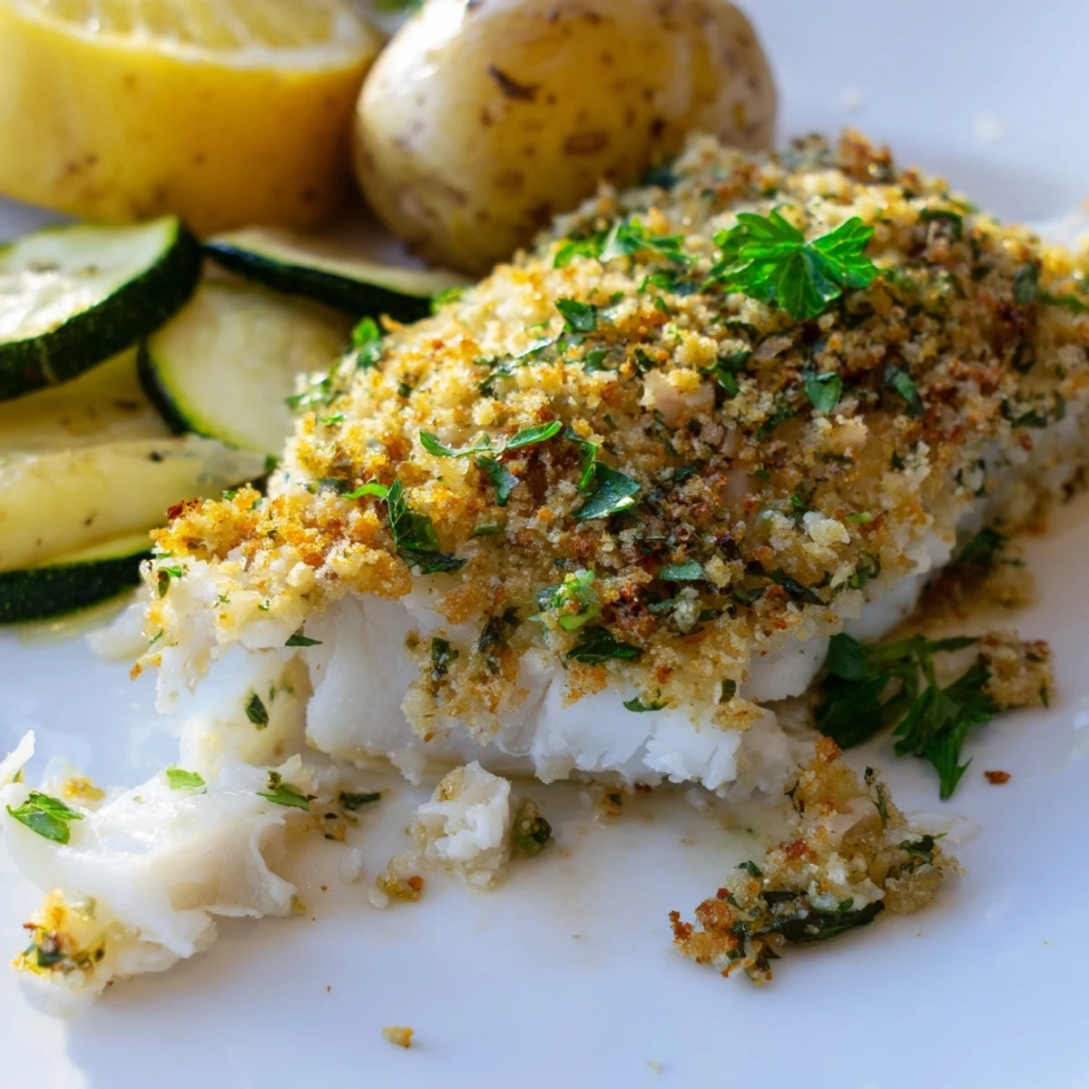 Freshly baked Baked Cod Fillet Dinner flaking with a fork, garnished with parsley and lemon wedges for brightness.