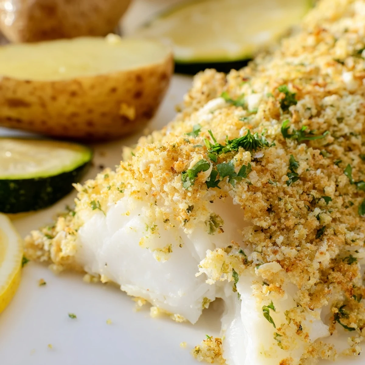 Healthy Baked Cod Fillet Dinner featuring colorful roasted carrots, potatoes, and zucchini plated for a satisfying weeknight meal.