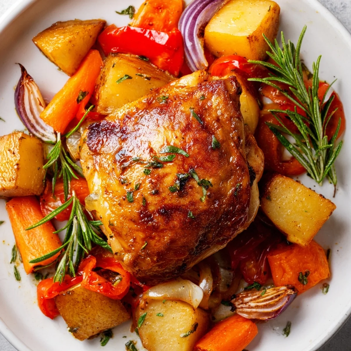 Homemade Roasted Dinner Pan with crispy-skin chicken alongside roasted root vegetables on a rustic pan, ready to serve.