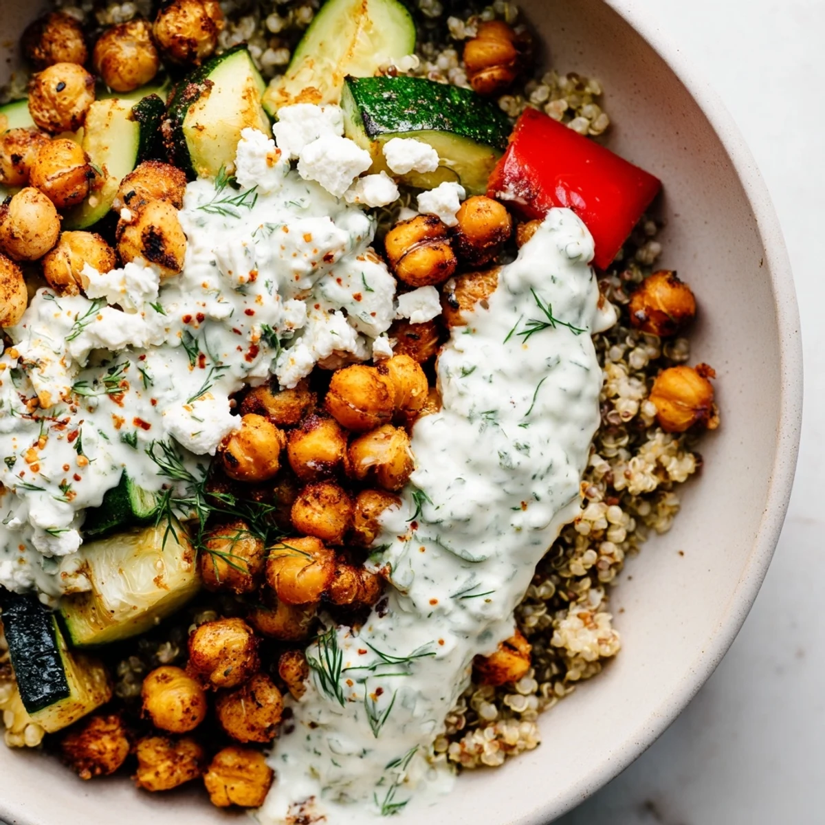A colorful Mediterranean Dinner Bowl features a generous scoop of herb yogurt sauce over warm grains and feta.