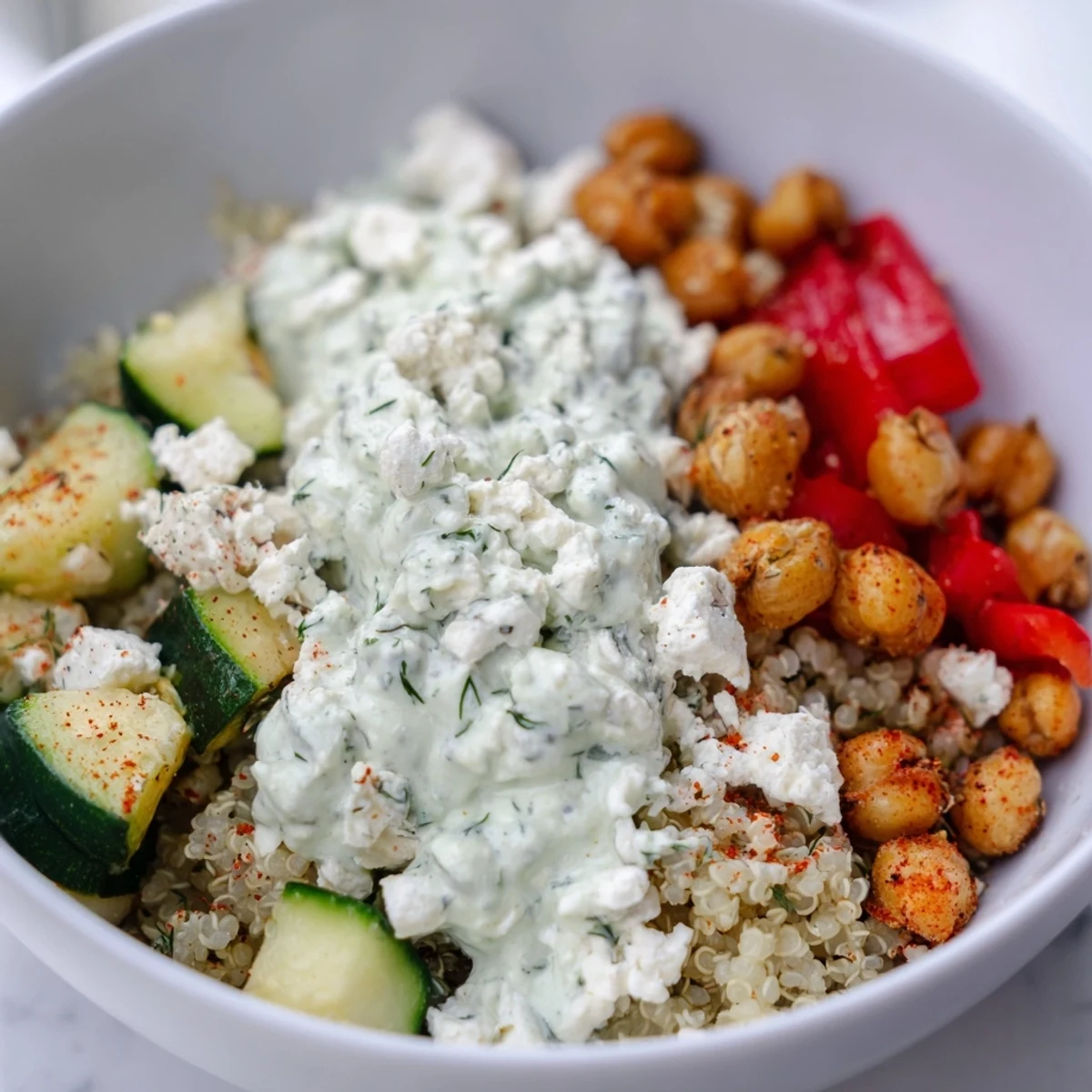 Ready-to-eat Mediterranean Dinner Bowl garnished with Kalamata olives and diced cucumber, served as a wholesome main dish.