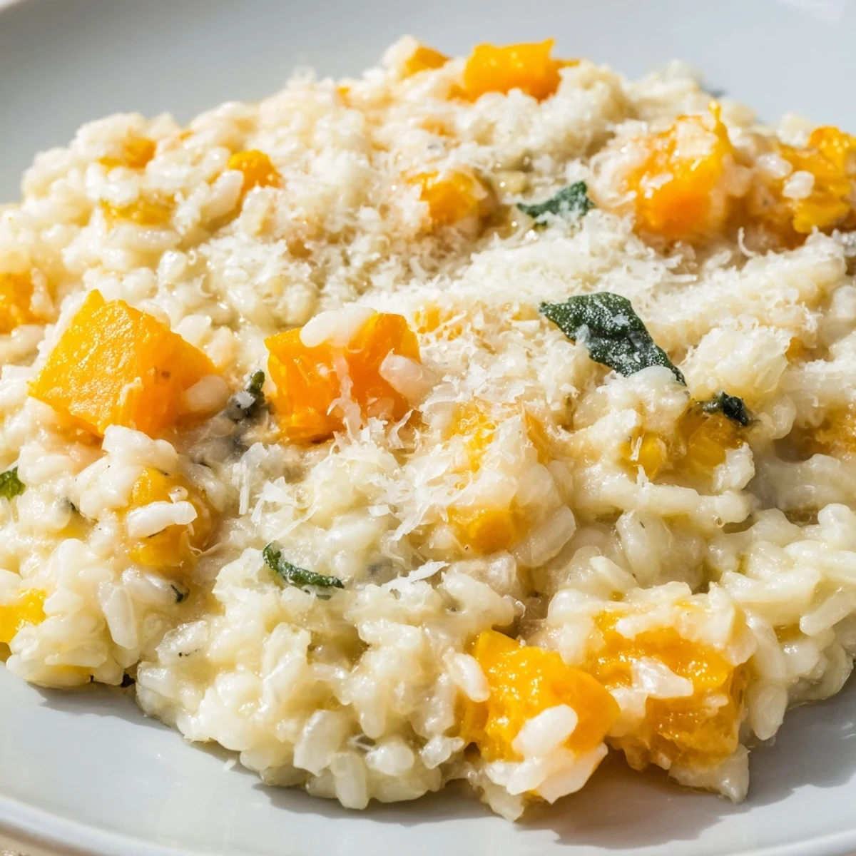 Creamy Winter Squash Risotto with Sage and Parmesan served warm with fresh sage leaves.