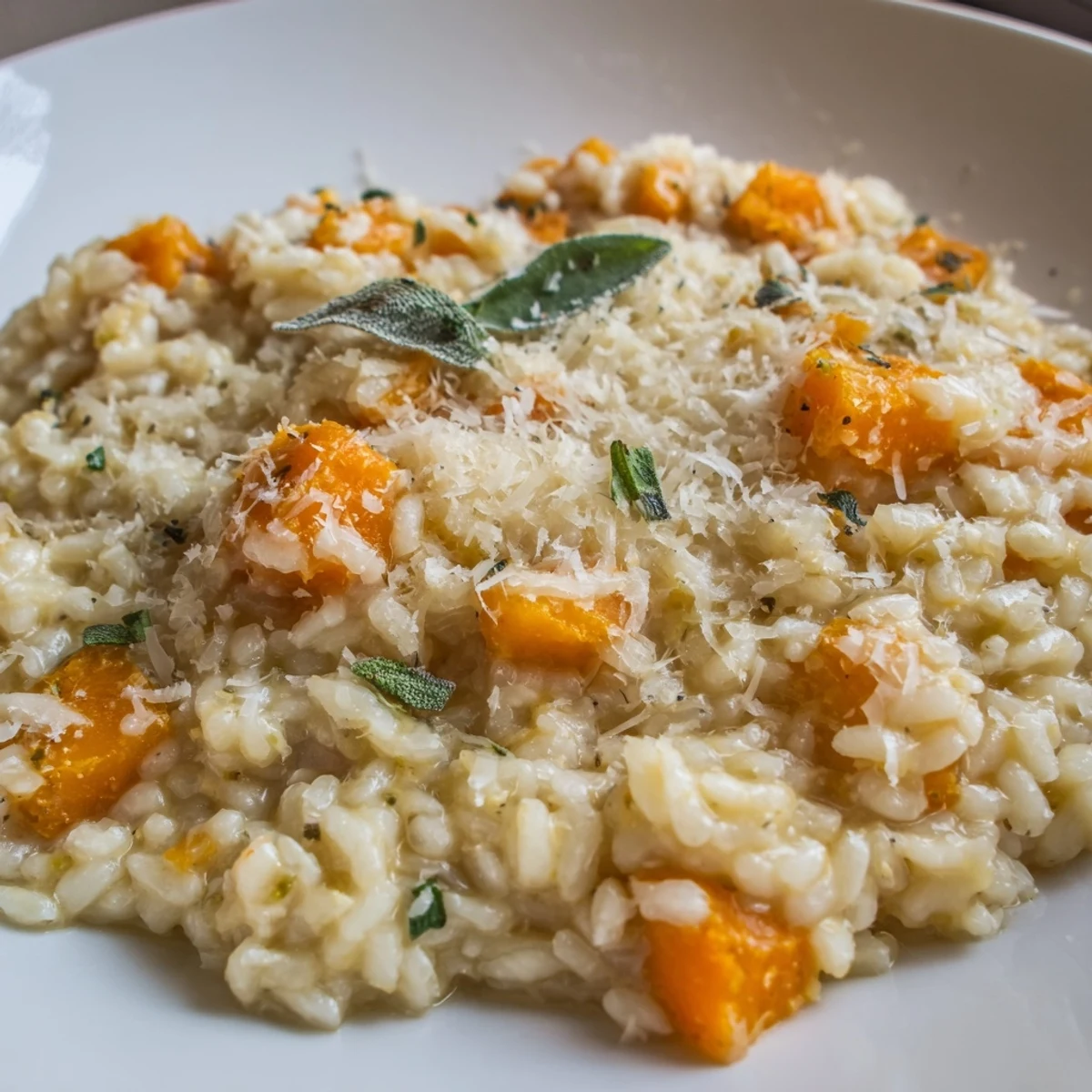 A spoonful of savory Winter Squash Risotto with Sage and Parmesan, garnished and ready.