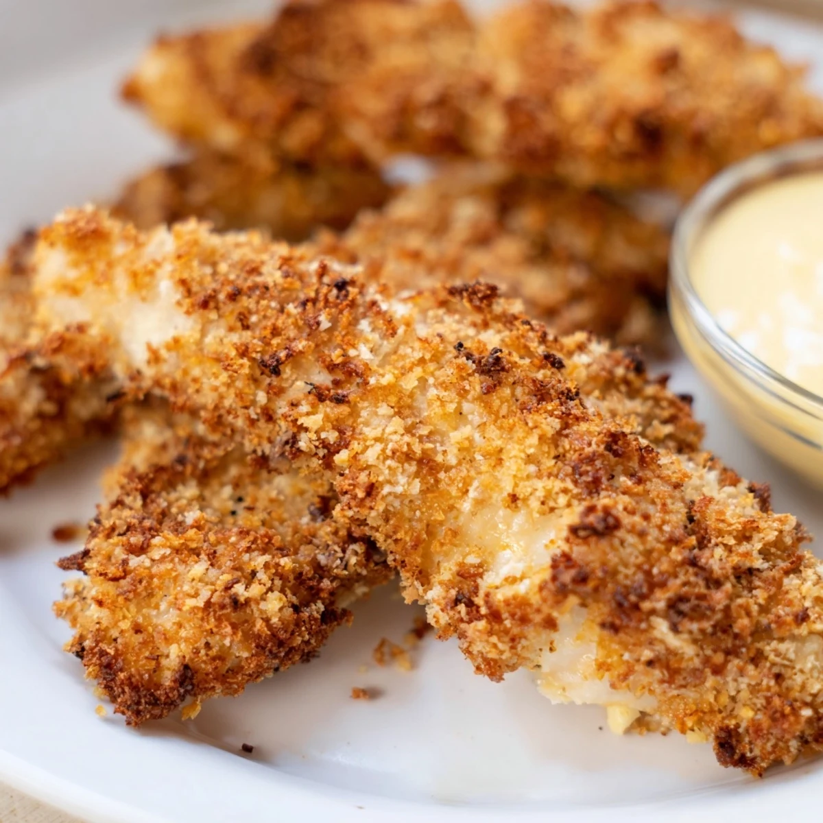 Golden-brown Crispy Baked Chicken Tenders with Honey Mustard piled high on a platter, ready to be dipped.