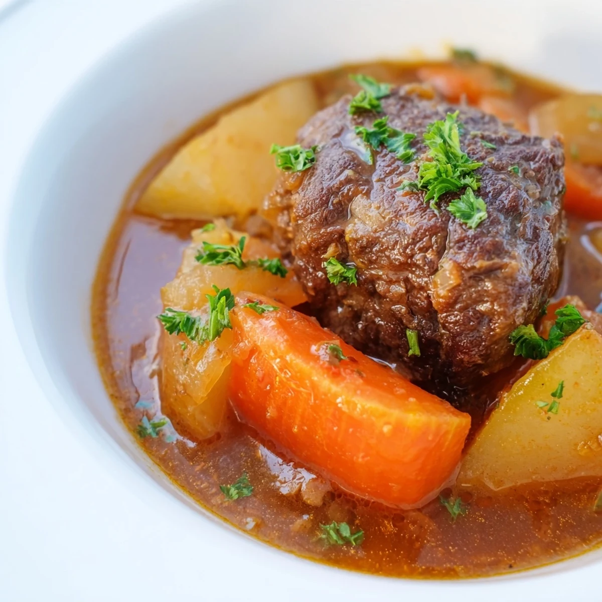 Golden Slow Cooker Beef Stew with Root Vegetables bubbling in a crockpot, featuring tender beef, carrots, and potatoes in a rich gravy.
