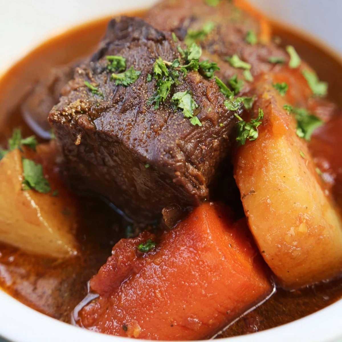Hearty Slow Cooker Beef Stew with Root Vegetables served in a rustic bowl, topped with fresh parsley alongside a slice of crusty bread.