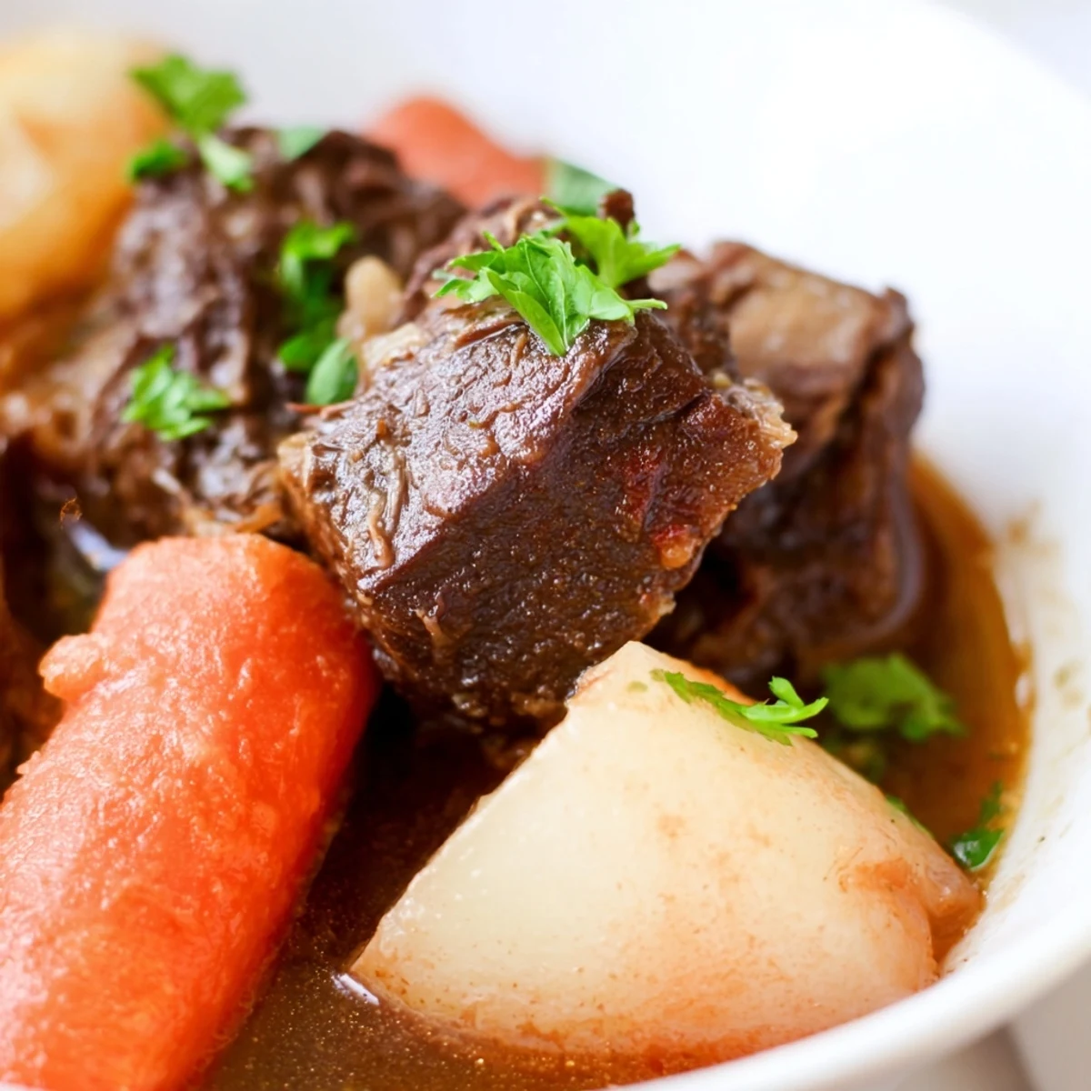 Homemade Slow Cooker Beef Stew with Root Vegetables in a ladle, showing thick, savory broth with chunks of beef and colorful vegetable medley.