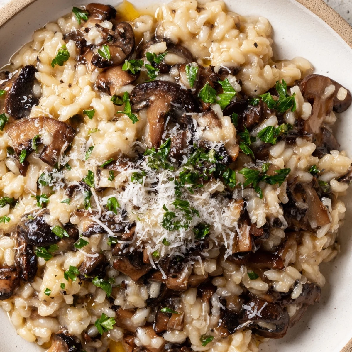 Savory Mushroom Risotto with Truffle Oil garnished with fresh parsley and parmesan in a rustic ceramic serving bowl.