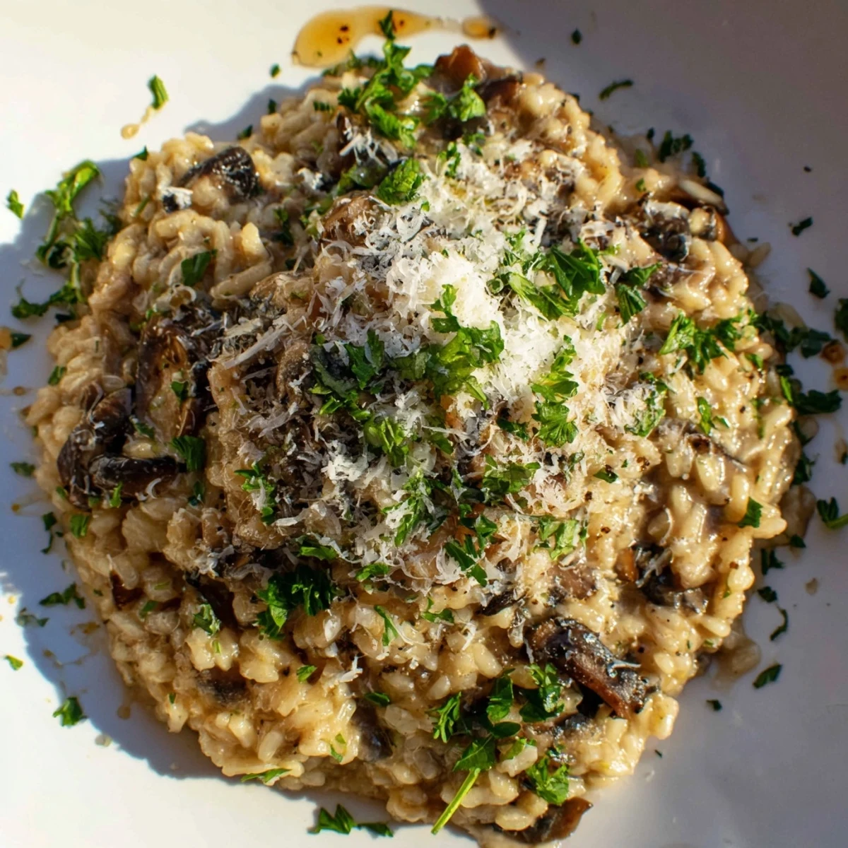 Creamy Mushroom Risotto with Truffle Oil served as a warm, elegant Italian dinner alongside a crisp glass of white wine.