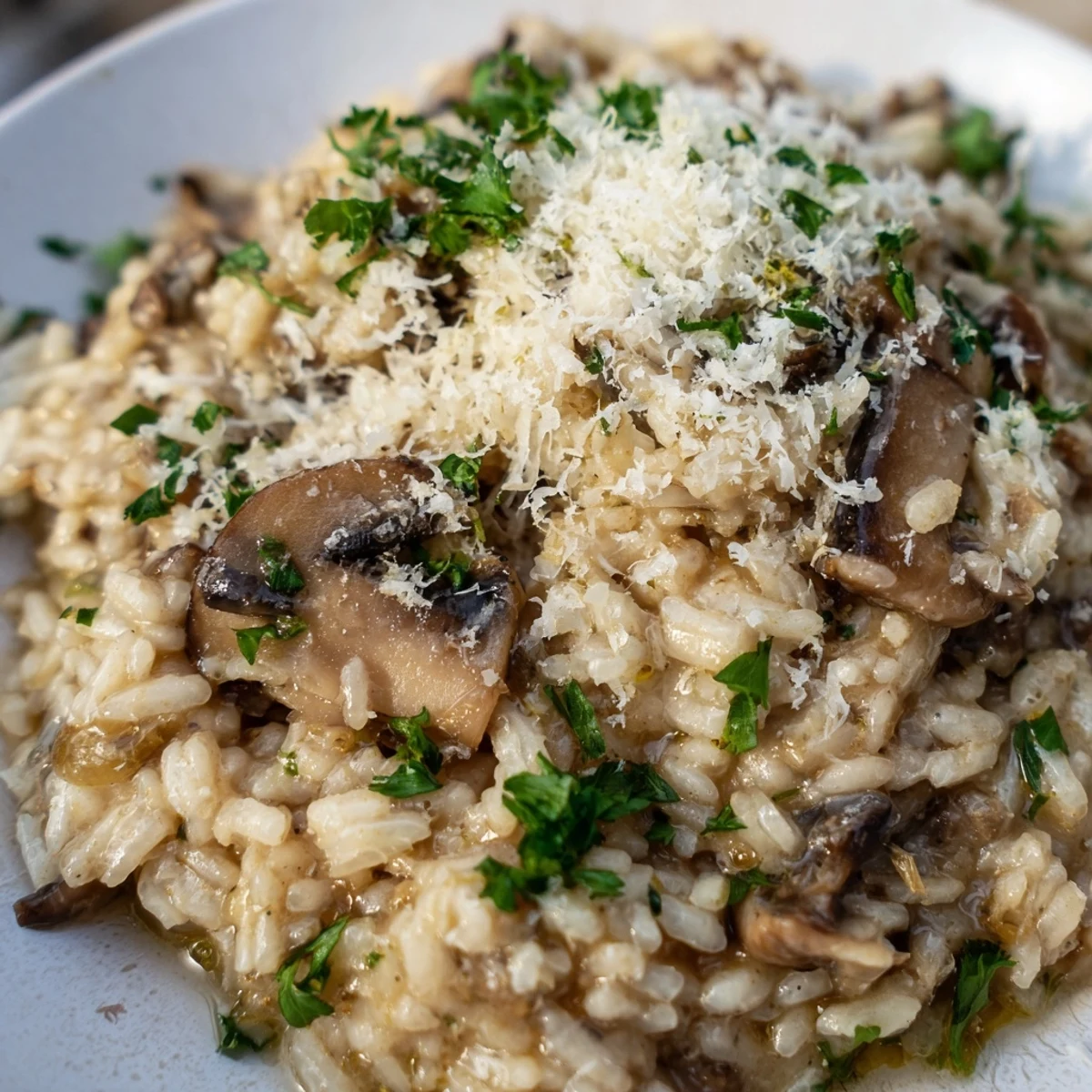 Golden Mushroom Risotto with Truffle Oil featuring tender sautéed mushrooms and a drizzle of oil in a skillet.