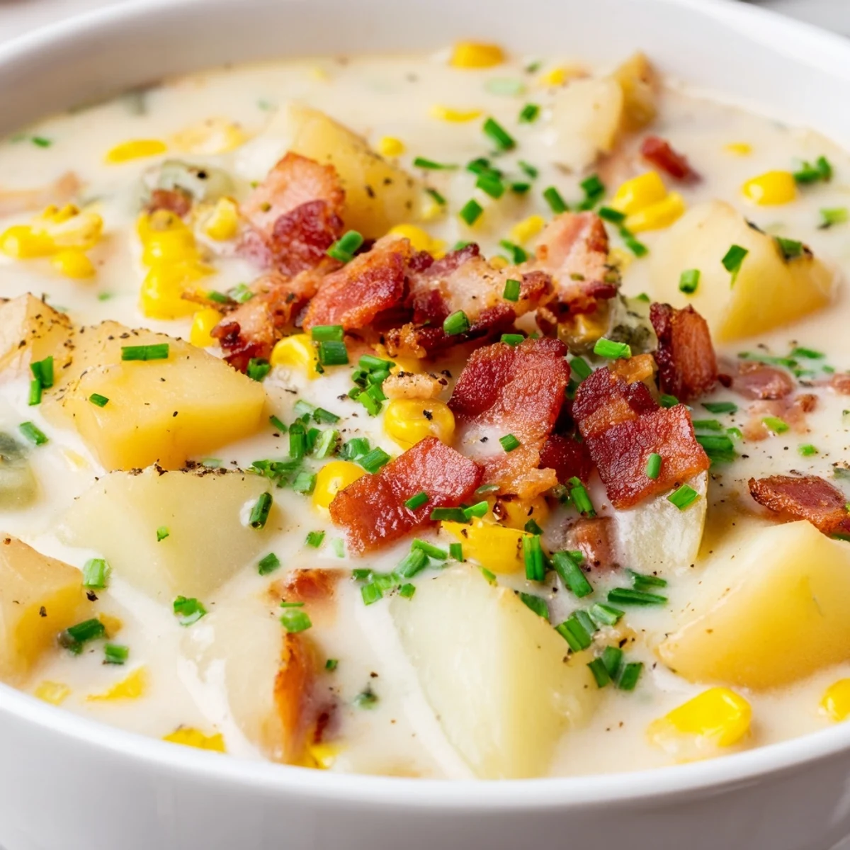 Creamy Corn Chowder with Turkey Bacon steams in a rustic bowl, topped with crispy bacon bits and fresh chives for a cozy meal. 