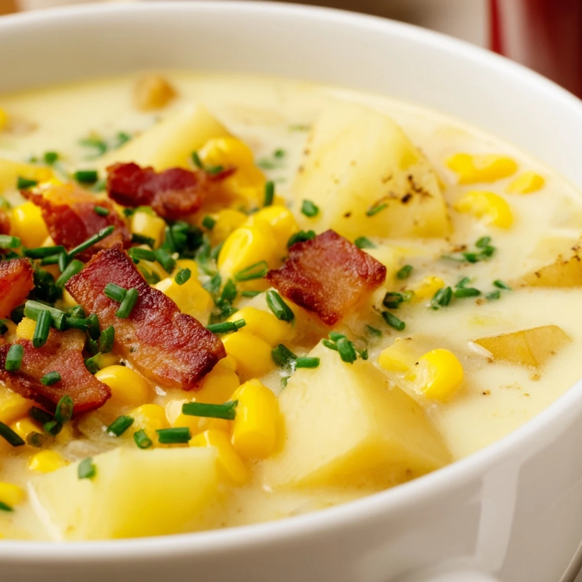 A hearty bowl of Creamy Corn Chowder with Turkey Bacon garnished with fresh chives, ideal for chilly evening comfort food. 
