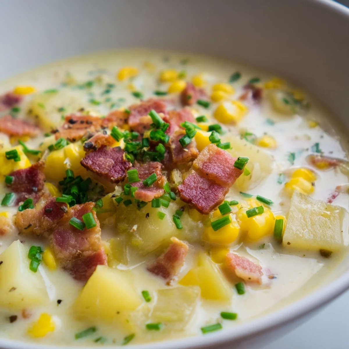 Creamy Corn Chowder with Turkey Bacon served hot with crusty bread, showcasing golden corn kernels and tender potatoes in rich broth.