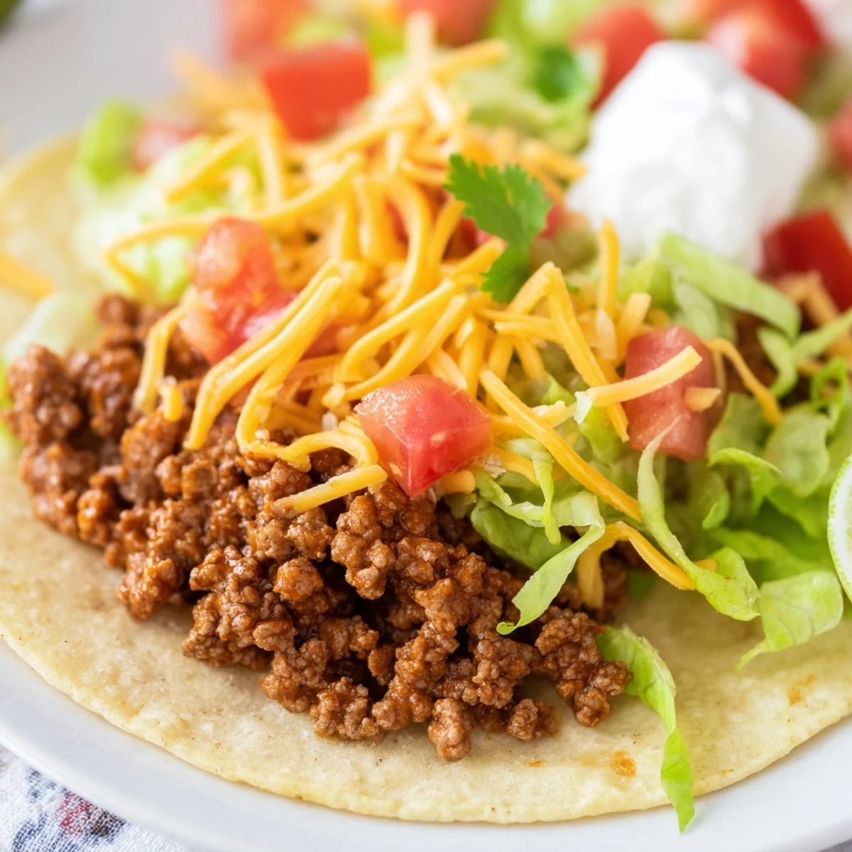 Close-up of delicious Beef Tacos with Homemade Taco Seasoning, featuring fresh tomatoes and sour cream on a rustic table.