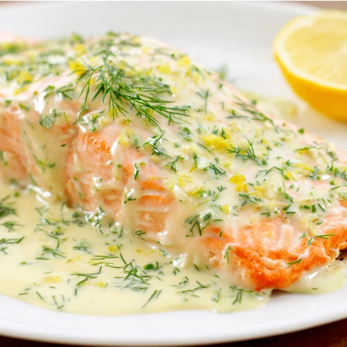 Flaky salmon fillet drizzled with bright lemon and dill sauce on a plate with asparagus.