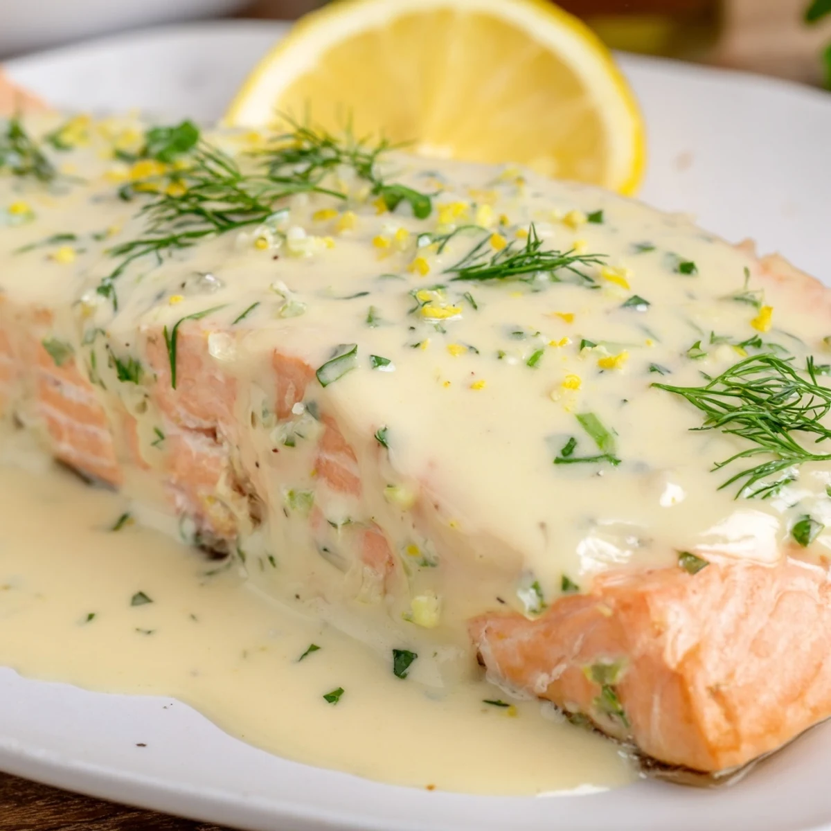 Tender baked salmon with fresh dill garnish and lemon slices on a white plate ready to serve.