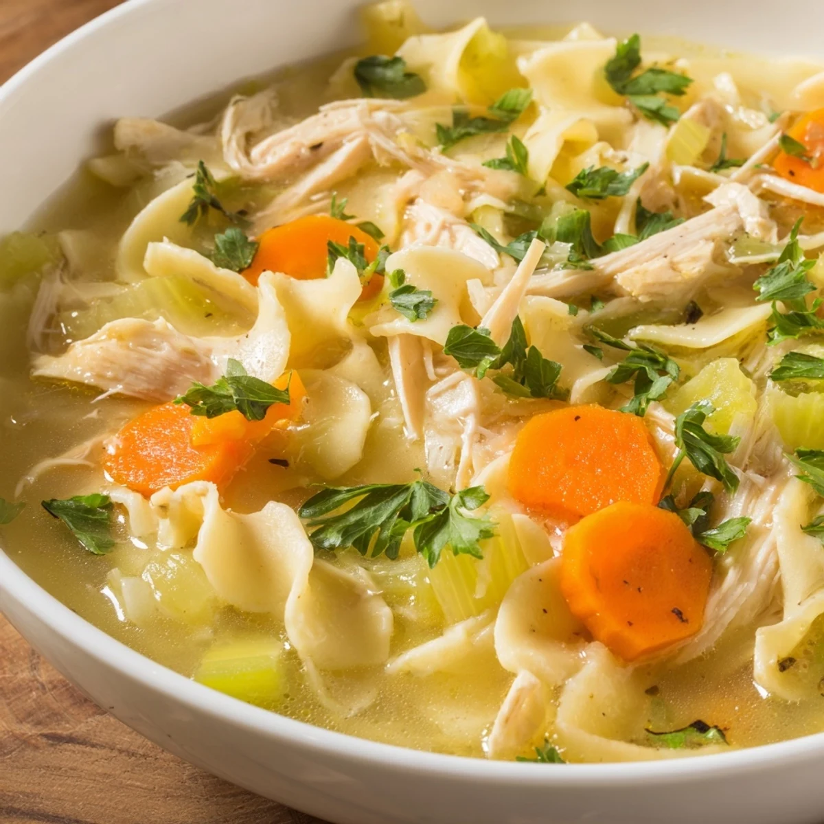 Warm, golden broth with tender shredded chicken, carrots, celery, and silky homemade egg noodles, steaming in a rustic bowl next to fresh parsley and a spoon.