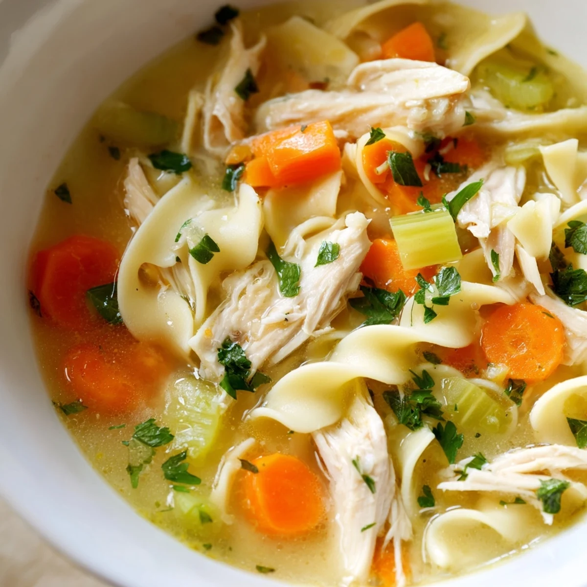 Close-up of a comforting bowl of chicken noodle soup with homemade noodles, showing tender chicken pieces and bright orange carrot coins against the clear broth.