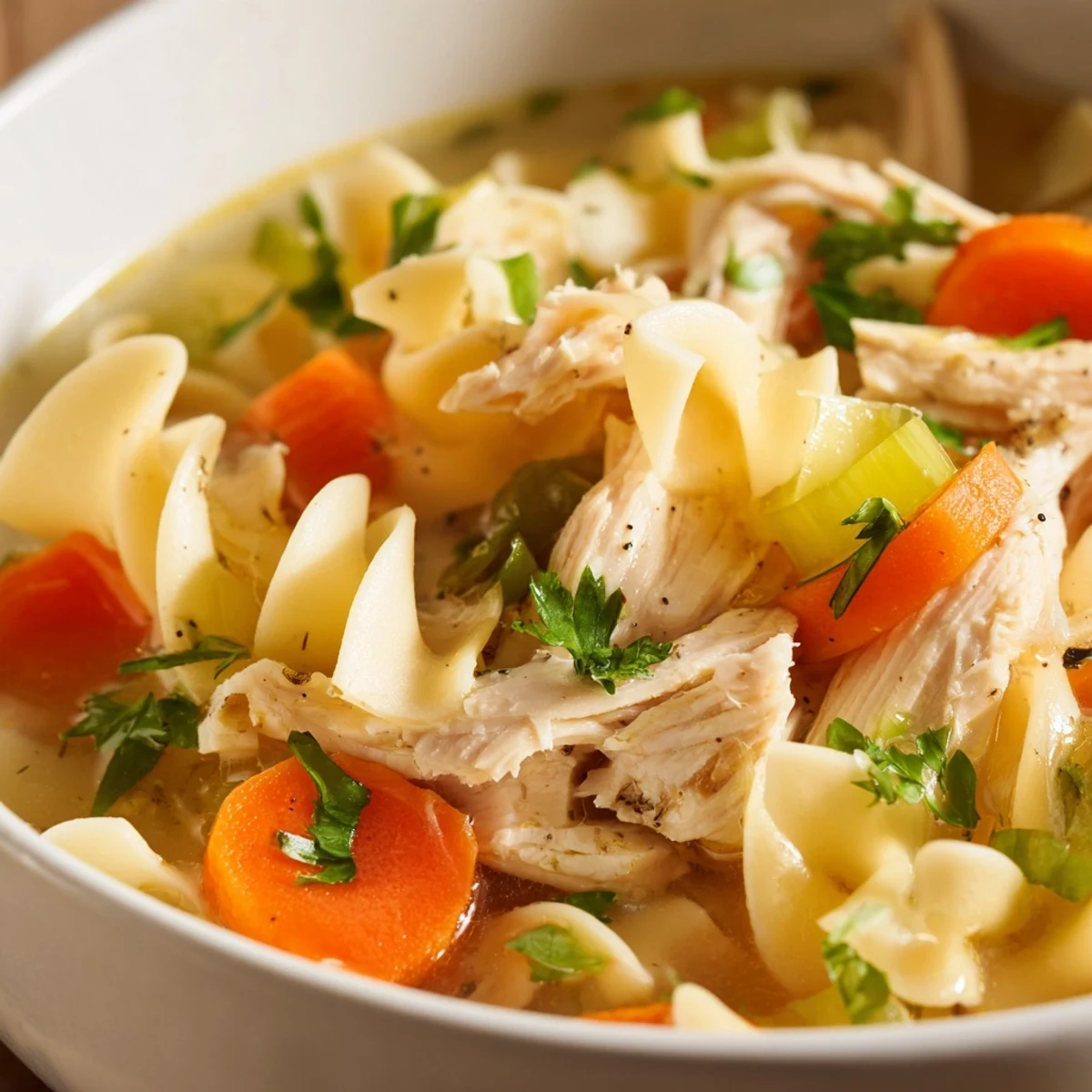 Hearty chicken noodle soup with homemade noodles features fresh diced vegetables simmering in a savory broth, ready to serve with crusty bread for dipping.