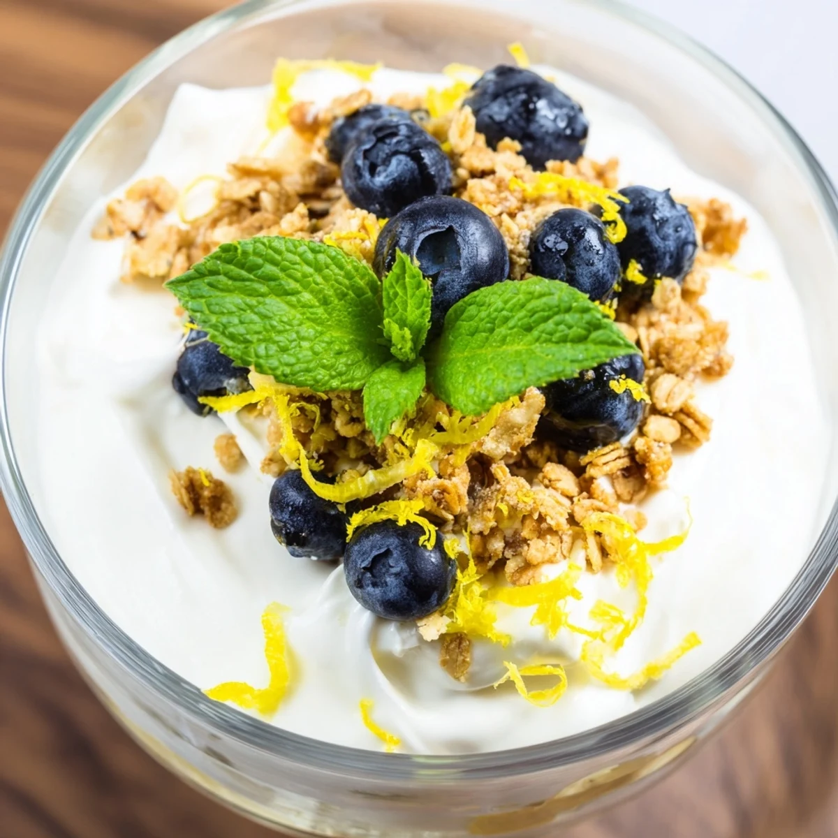 Creamy lemon yogurt and fresh blueberries layered with crunchy granola in a tall glass.