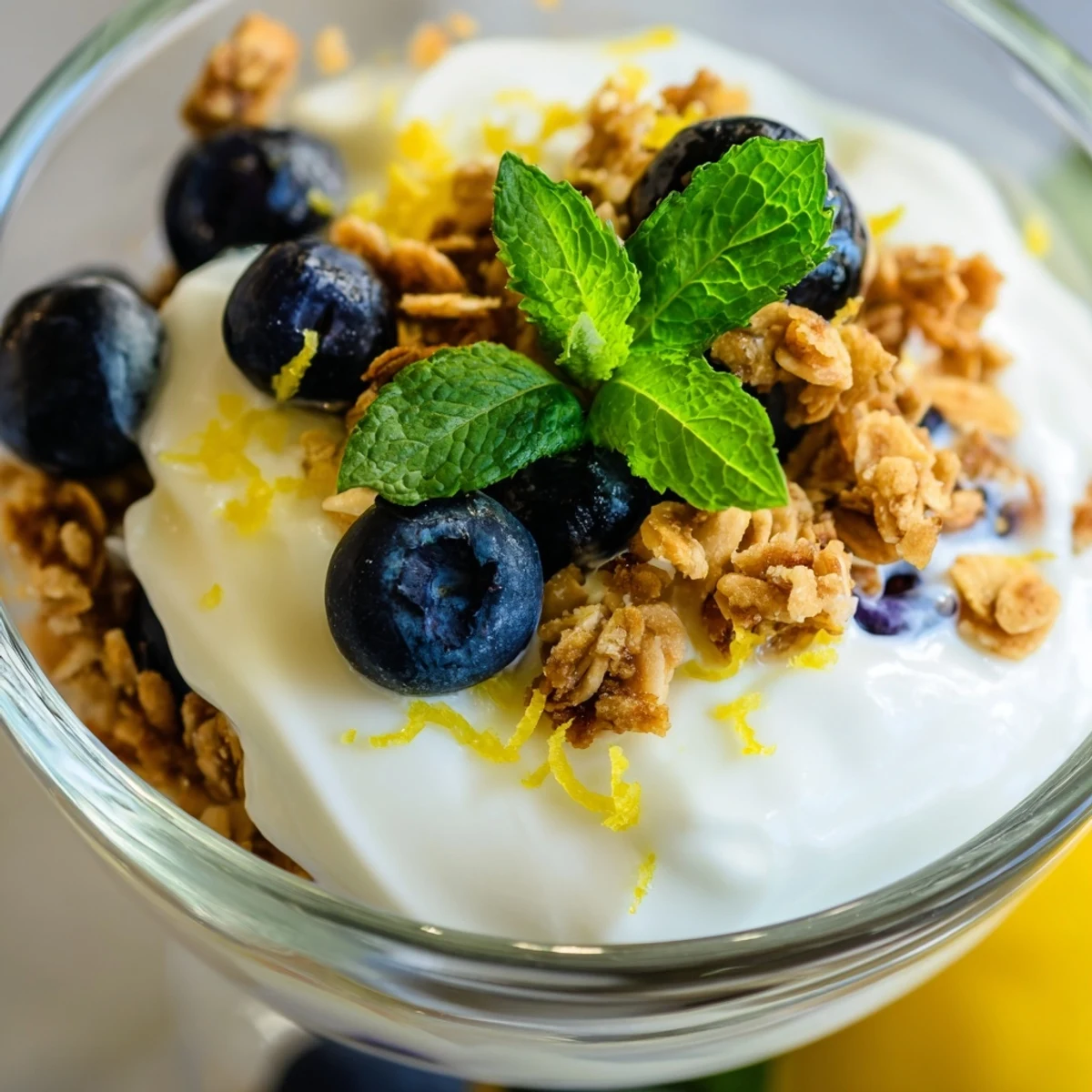 Healthy Lemon Blueberry Yogurt Parfait with Granola served in a clear glass.