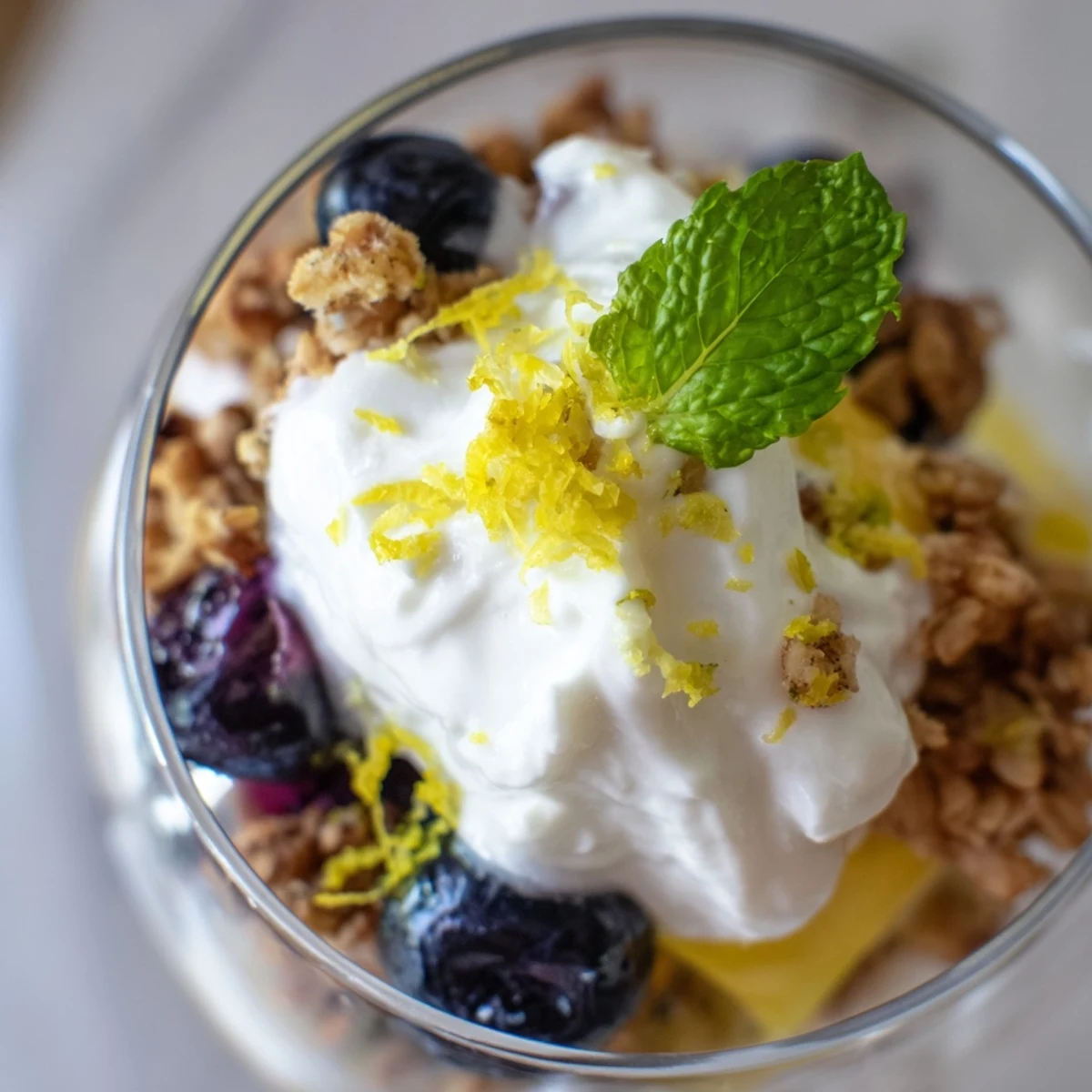 Ready-to-eat Lemon Blueberry Yogurt Parfait with Granola topped with mint and zest.