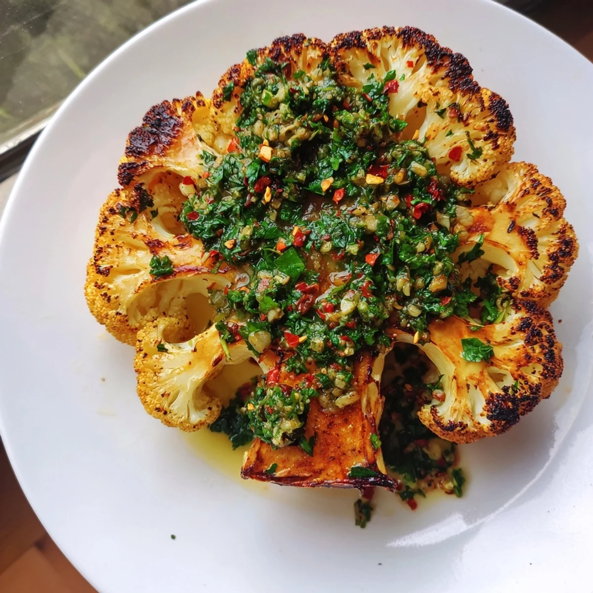 Golden roasted cauliflower steaks with chimichurri sauce on a white plate.