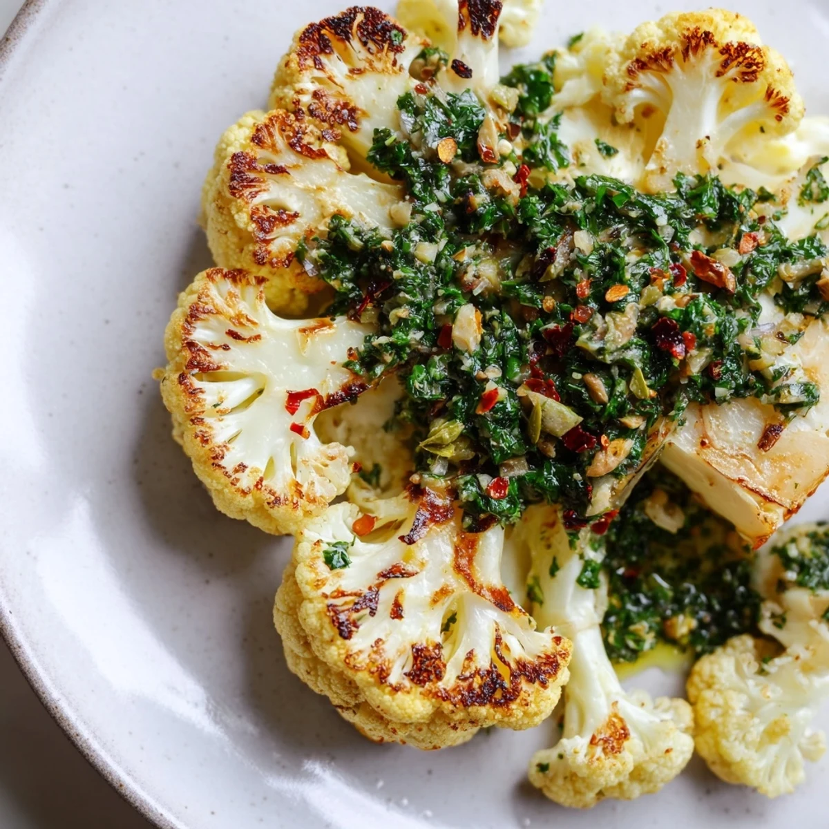 Roasted cauliflower steaks topped with herby chimichurri and served with rice.
