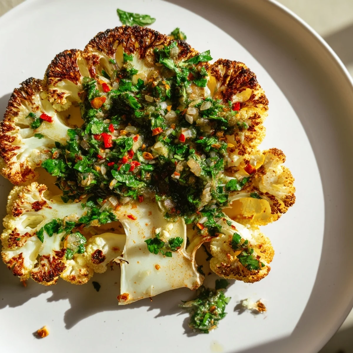 Golden roasted cauliflower steaks with vibrant green chimichurri sauce and lemon wedges.