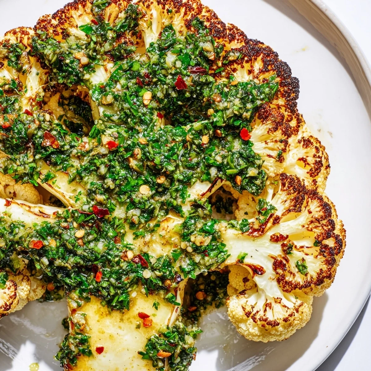 Freshly chopped parsley and cilantro garnish the Roasted Cauliflower Steaks with Chimichurri Sauce beside lemon wedges.