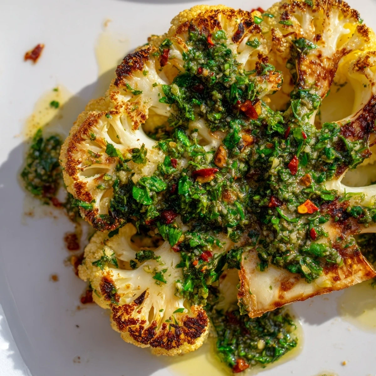 Golden-roasted cauliflower steaks served warm with bold chimichurri sauce on a white plate with fresh parsley garnish.