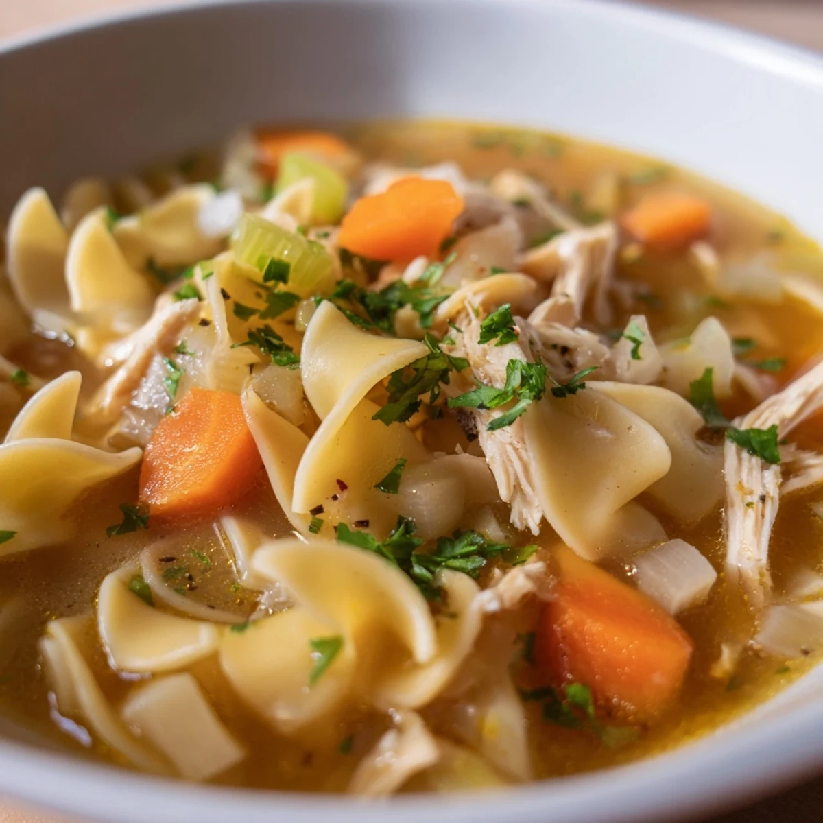 Steaming Chicken Noodle Soup with Homemade Egg Noodles features tender chicken and bright carrots in a savory broth.