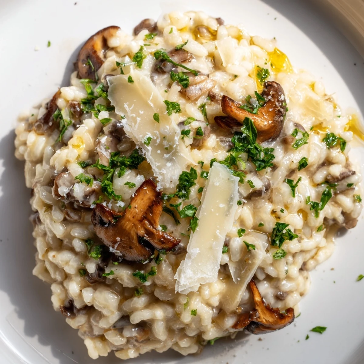 A warm serving of creamy Mushroom Risotto with Truffle Oil and Parmesan in a rustic white bowl, garnished with fresh parsley.