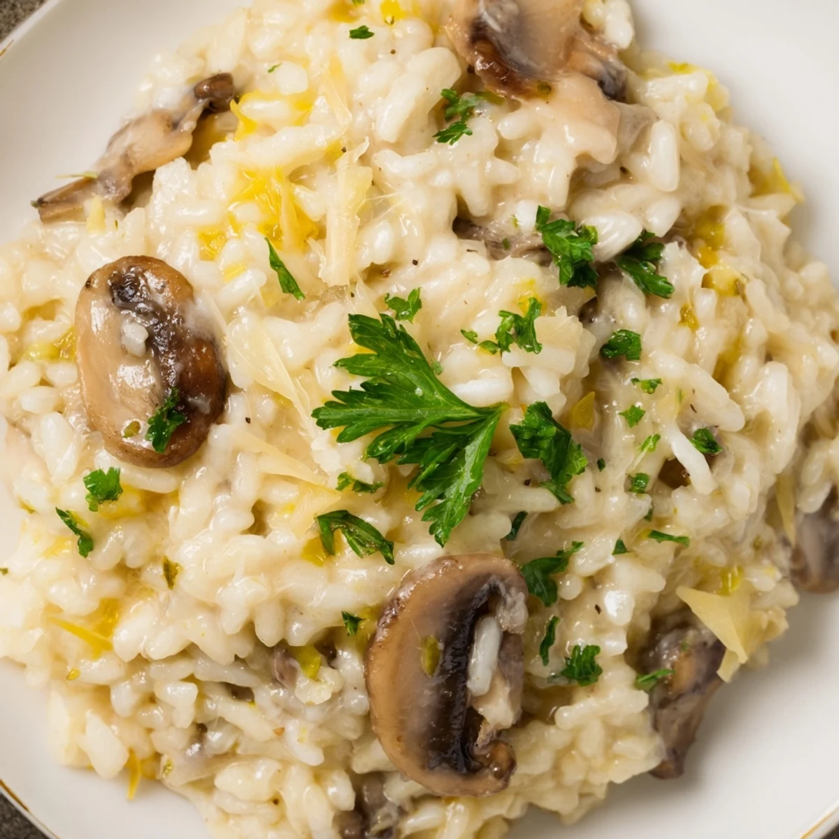 Earthy aromas rise from Mushroom Risotto with Truffle Oil and Parmesan, showcasing sautéed mushrooms and rich Parmesan melting into arborio rice.