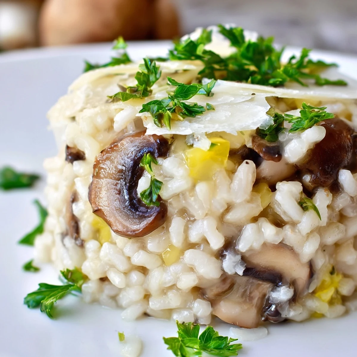 Close-up of Mushroom Risotto with Truffle Oil and Parmesan, highlighting glossy truffle oil drizzle and fluffy, cheesy rice in a cast-iron pan.