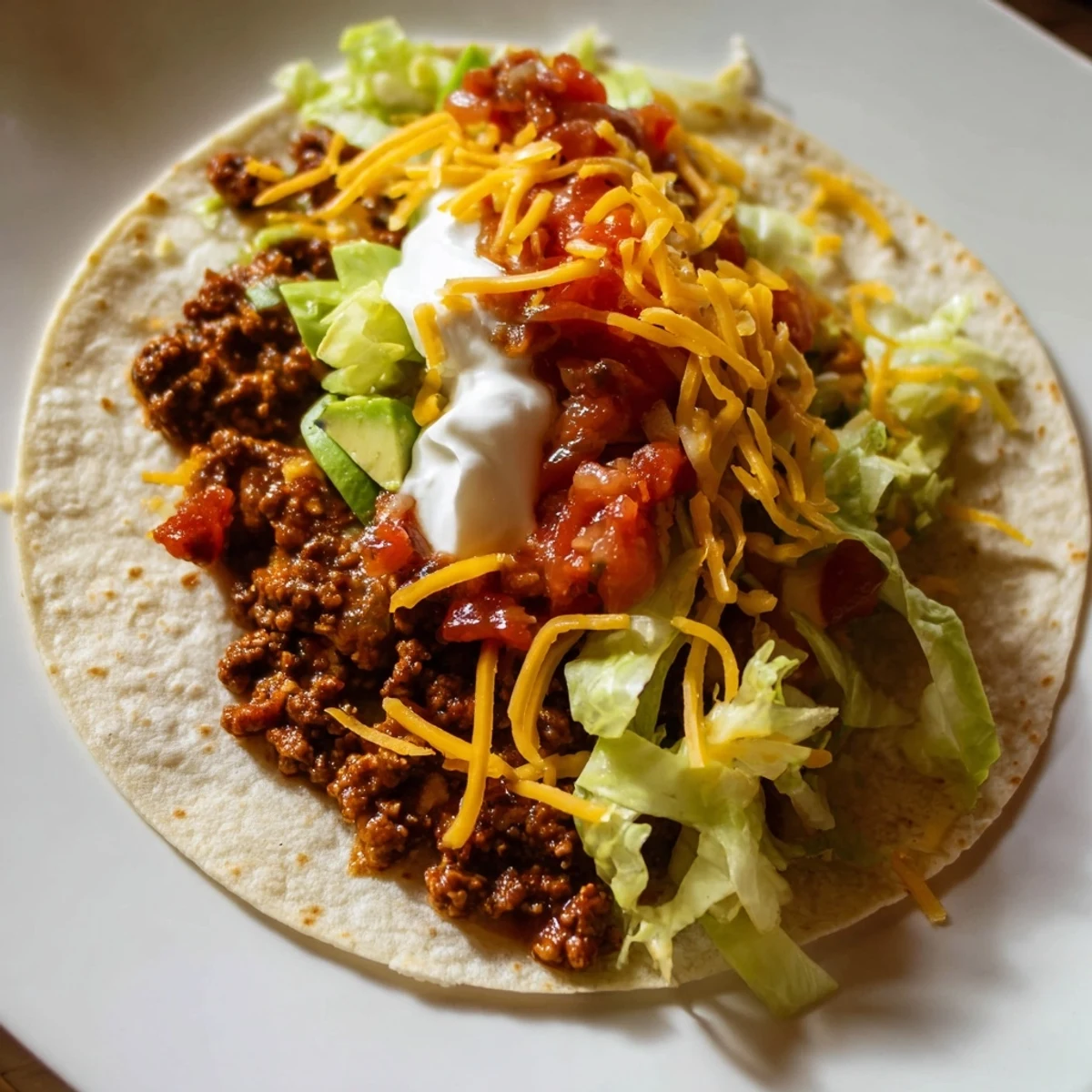 Golden-brown ground beef seasoned with homemade spices in warm tortillas, topped with fresh salsa, lettuce, and cheese.