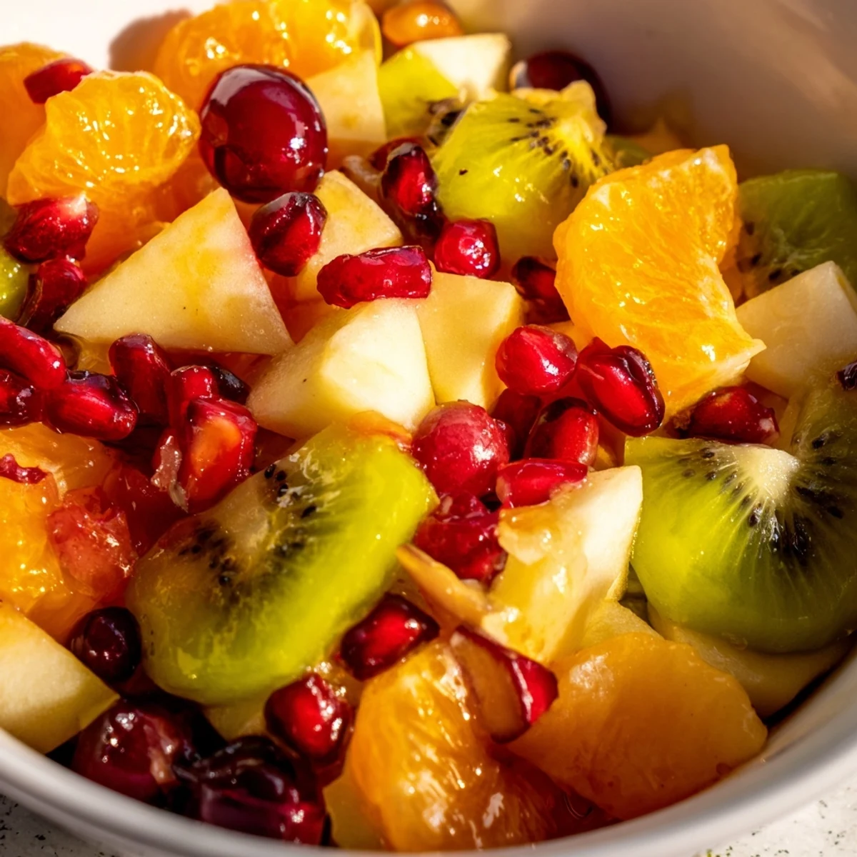 Winter fruit salad with citrus dressing on a marble table, surrounded by fresh orange slices and pomegranate arils.
