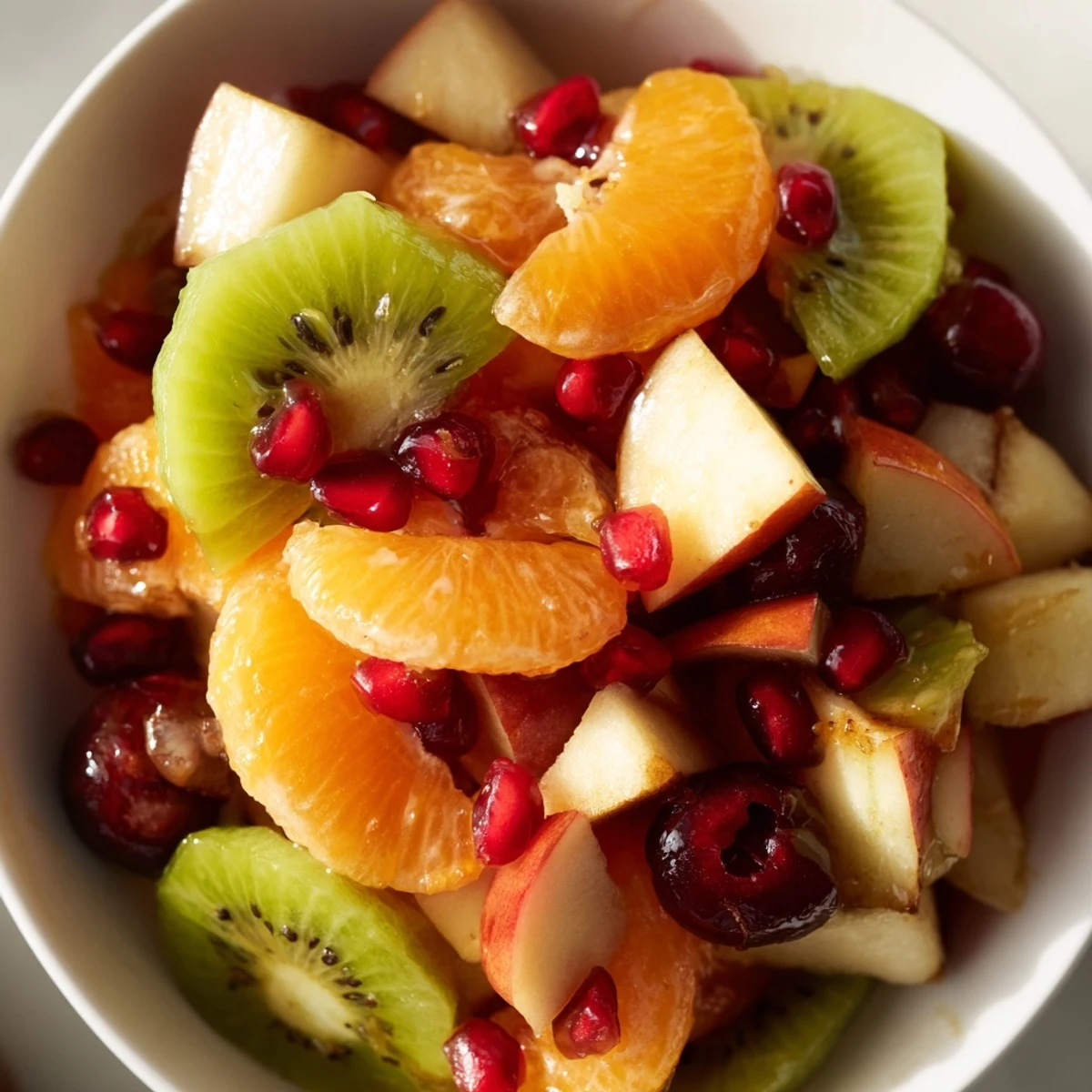 Brightly colored winter fruit salad with citrus dressing in a white bowl, garnished with fresh mint.