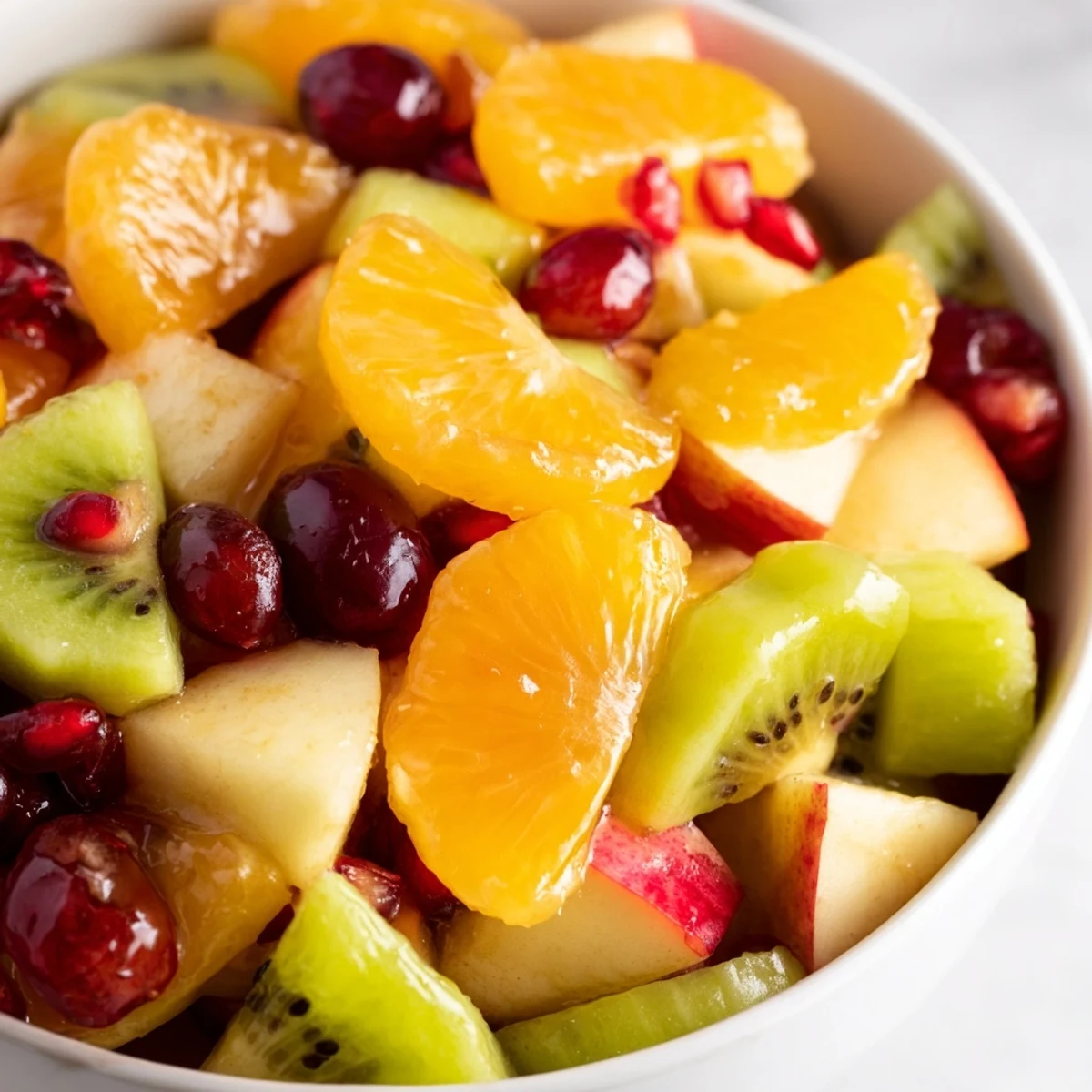 A close-up of winter fruit salad with citrus dressing, highlighting juicy kiwi slices and a glistening honey-lemon dressing.