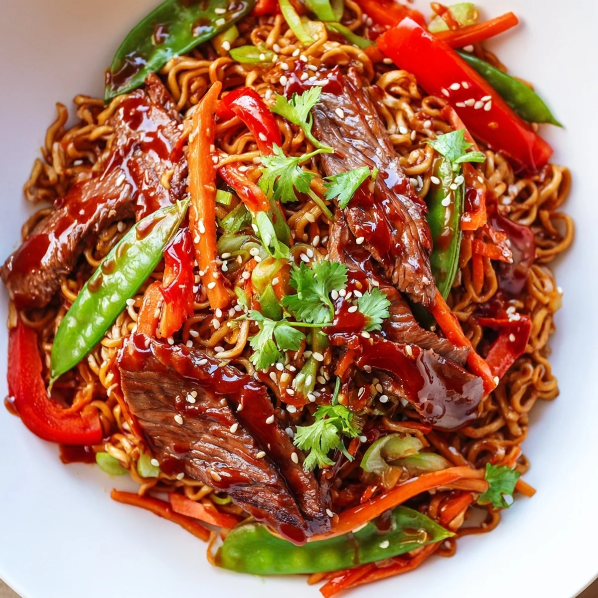 Garnished with fresh cilantro and sesame seeds, this quick Spicy Beef Noodles with Vegetables dish is ready to serve.