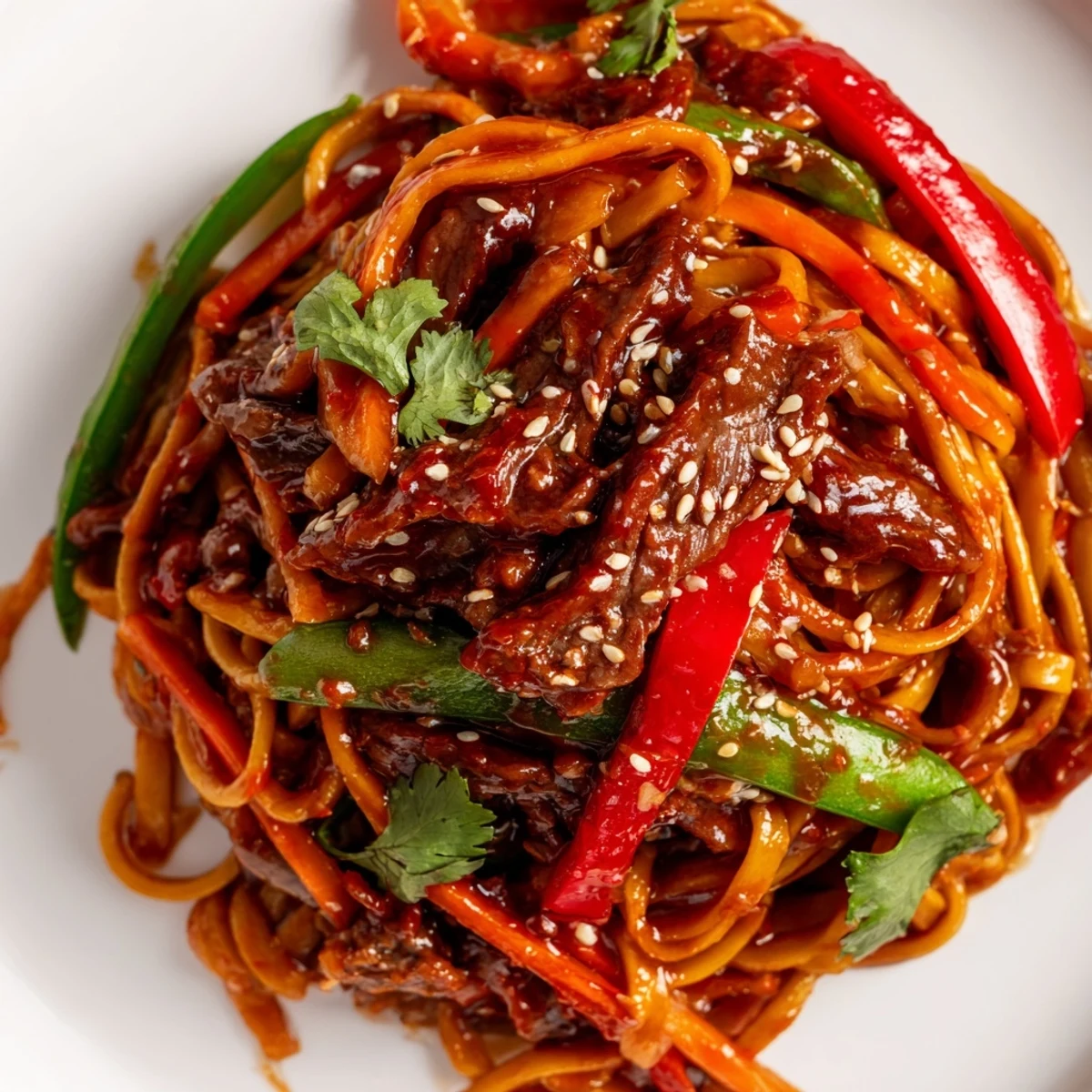 Spicy Beef Noodles with Vegetables sizzling in a wok with colorful bell peppers and snap peas.
