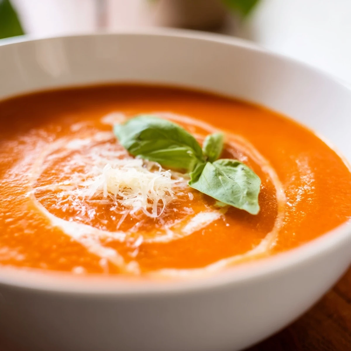 Hearty Creamy Tomato Bisque with Basil in a white bowl, served alongside grilled cheese and crusty bread for dipping.