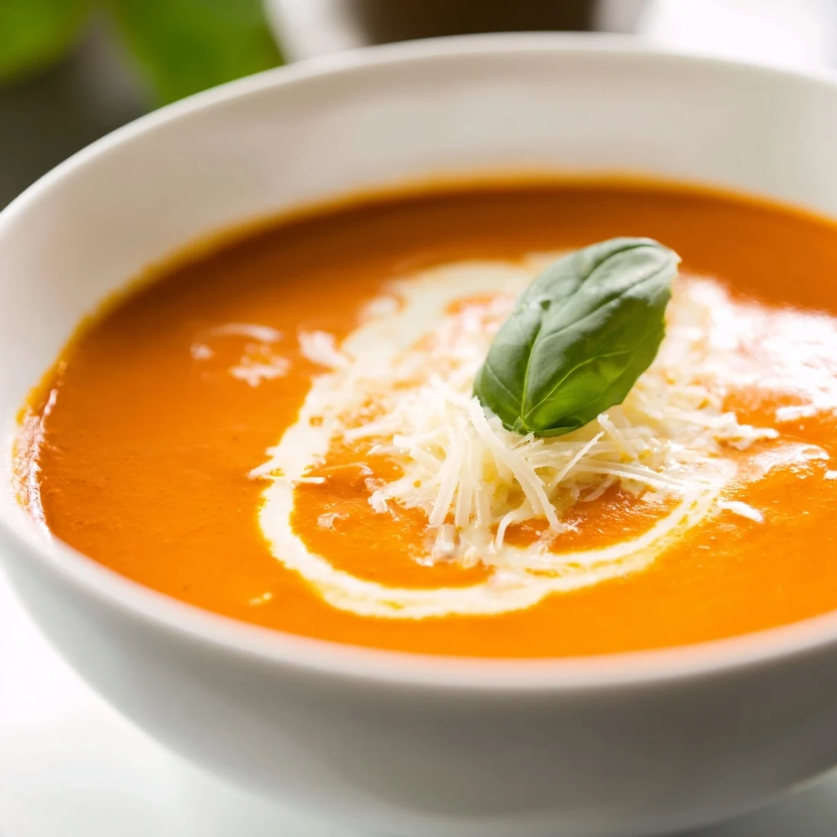 Creamy Tomato Bisque with Basil steaming in a rustic bowl, garnished with fresh basil leaves and a swirl of cream.