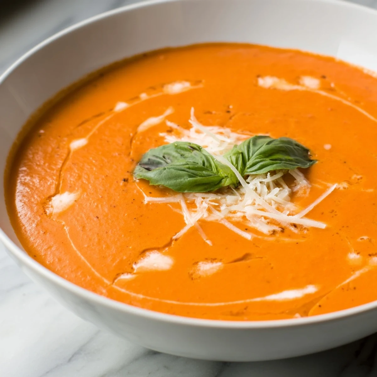 Rich Creamy Tomato Bisque with Basil ladled from a pot, topped with Parmesan cheese and a drizzle of olive oil.