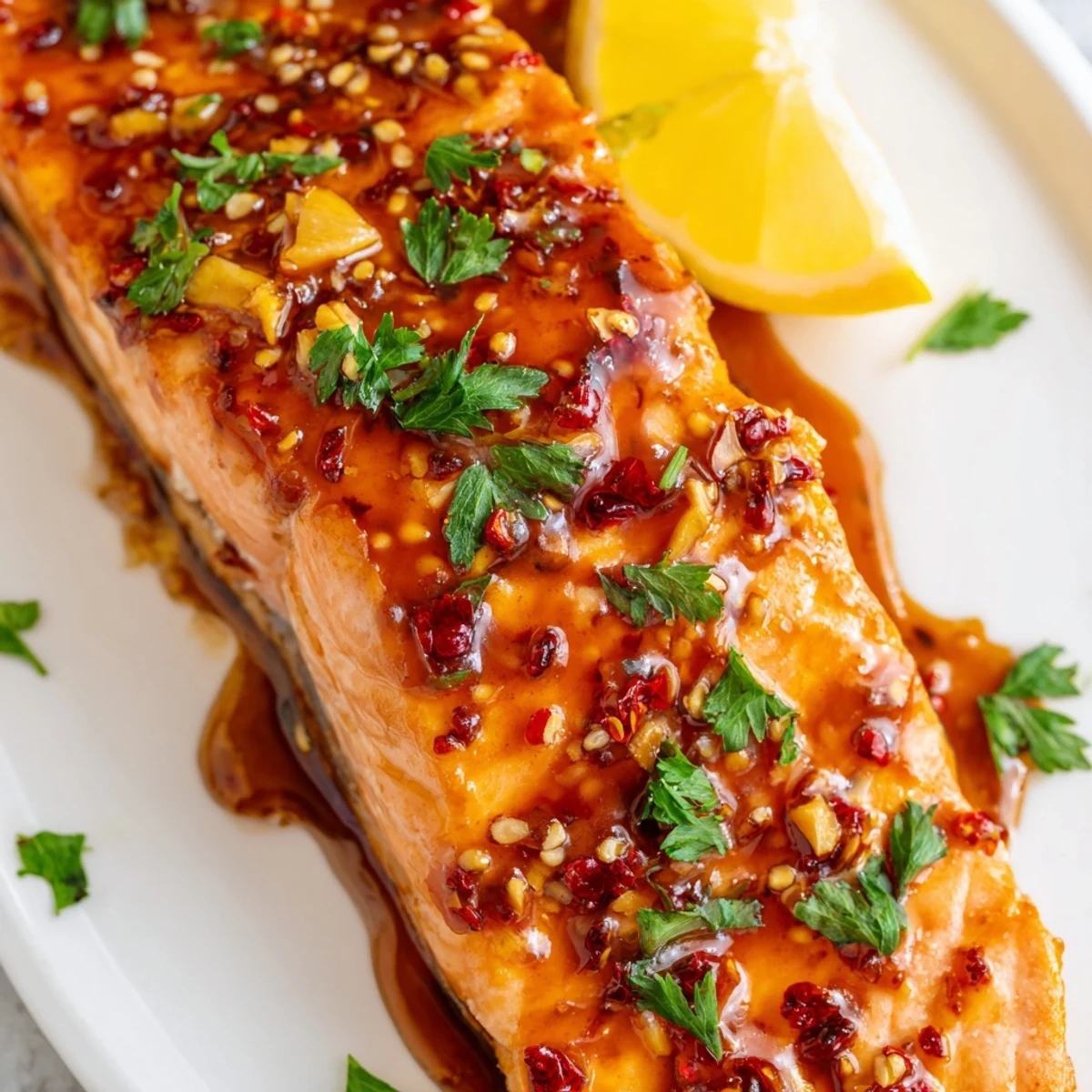 Freshly baked Baked Salmon with Honey Garlic Sauce fillets brushed with a sticky, glossy glaze and garnished with bright parsley and lemon wedges on a white plate.