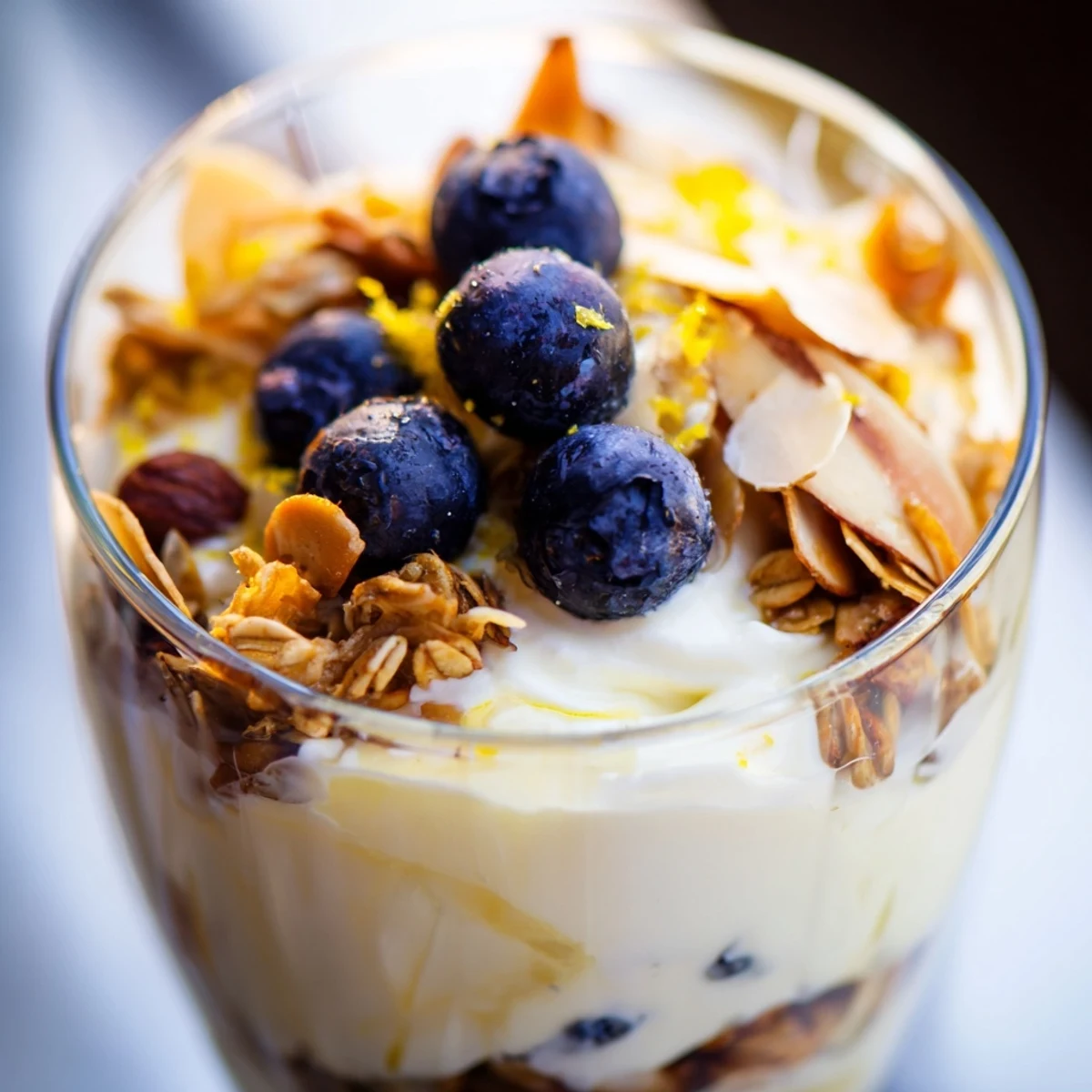 Fresh Lemon Blueberry Yogurt Parfait layered in a glass with creamy yogurt, honey, and crunchy granola.