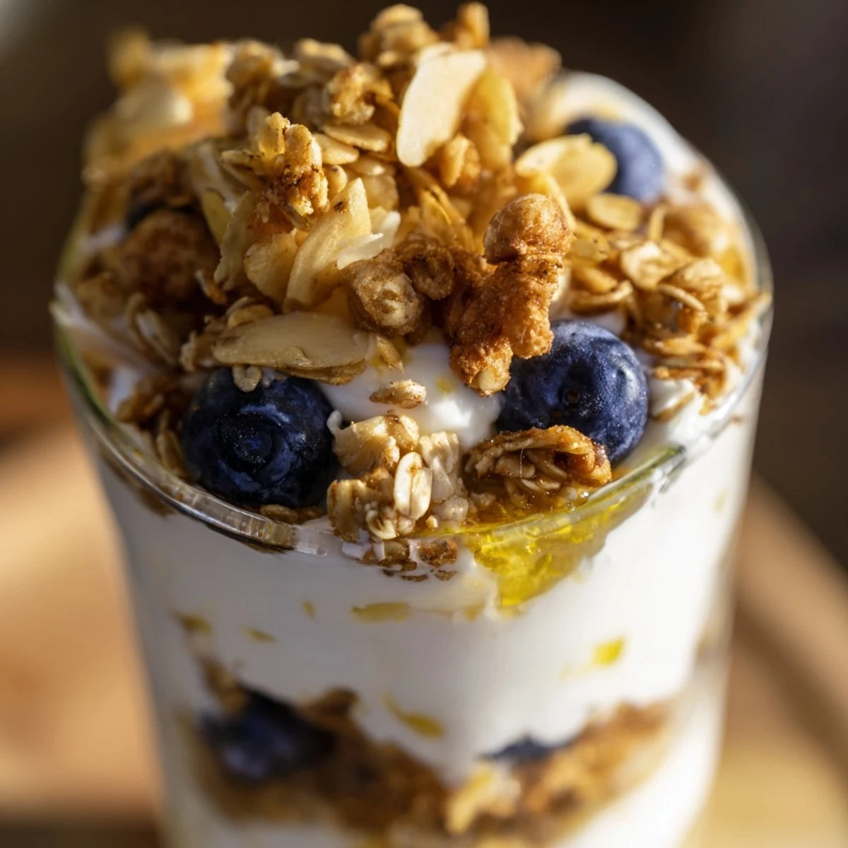 Crisp honey granola and sweet blueberries top a creamy Lemon Blueberry Yogurt Parfait for breakfast.