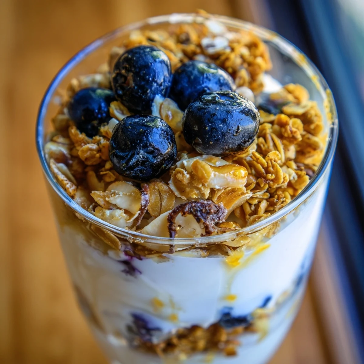 A close-up of Lemon Blueberry Yogurt Parfait with lemon zest, fresh blueberries, and golden granola.