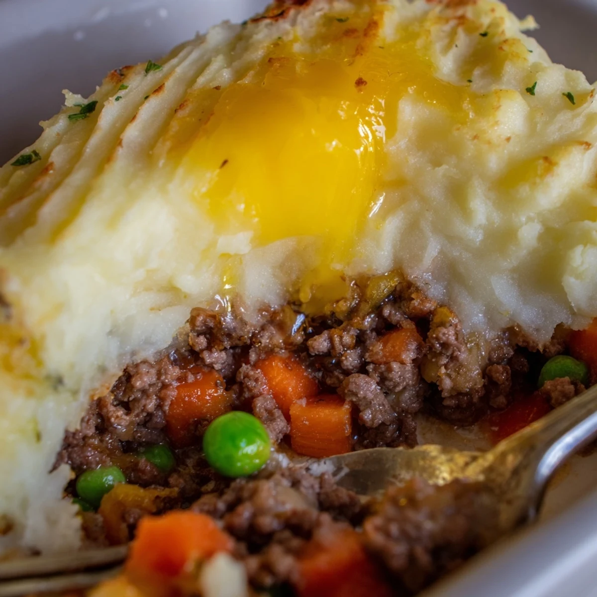 Golden mashed potatoes with ridges cover a steaming savory beef filling studded with green peas and carrots in a baking dish.  