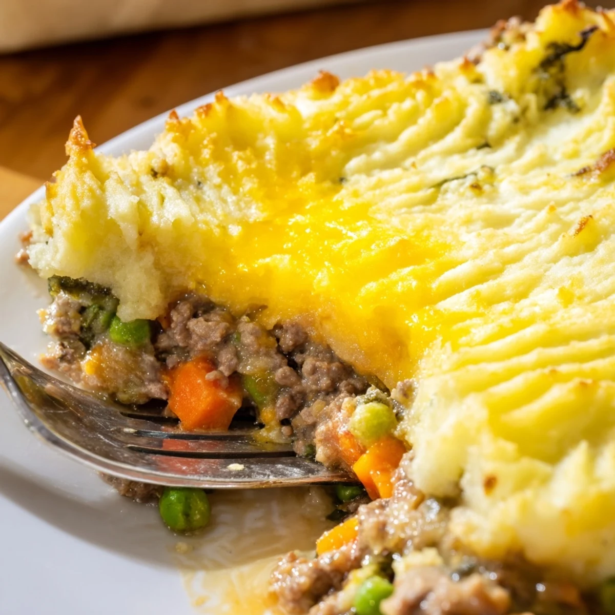 A hearty beef shepherd's pie bubbling from the oven, its golden potato crust with fork marks glows warmly.  